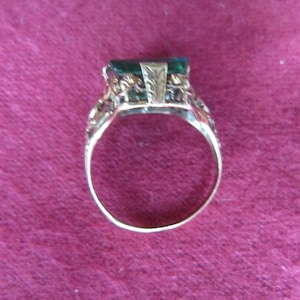 Antique Gold Filigree Ring Original Green Faux Emerald cut Emerald image 5