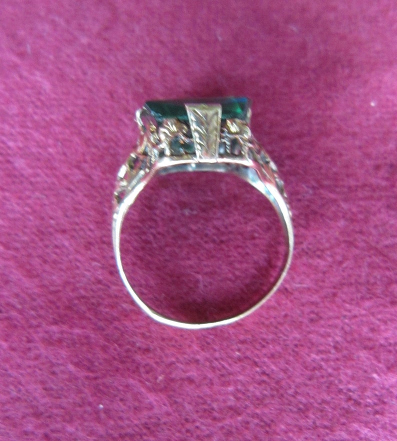 Antique Gold Filigree Ring Original Green Faux Emerald cut Emerald image 5