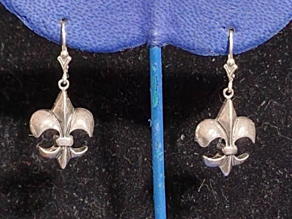 Vintage Solid Sterling Silver drop Fleur de Lis E… - image 1