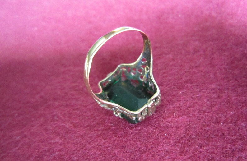 Antique Gold Filigree Ring Original Green Faux Emerald cut Emerald image 4