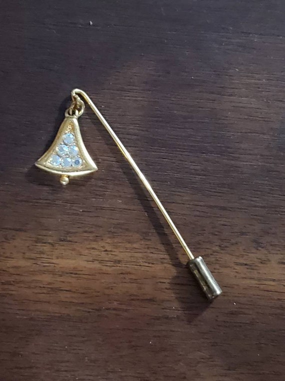 Vintage Stick Pin with dangling Bell Charm irides… - image 1