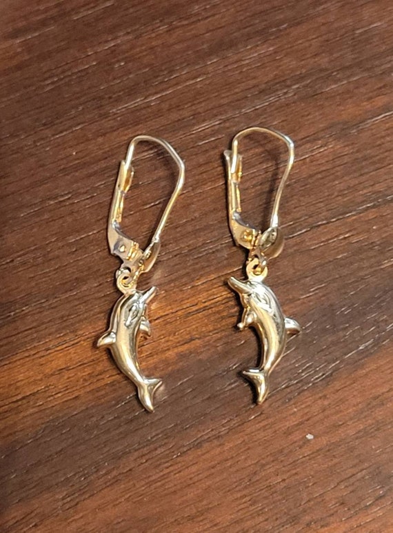 14kt Gold 3D dolphin dangle earrings Italy