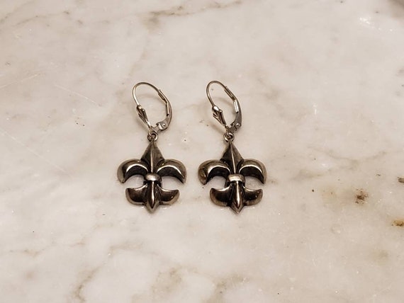 Vintage Solid Sterling Silver drop Fleur de Lis E… - image 9