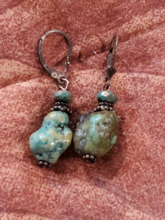Vintage Natural Turquoise silver dangle earrings - image 2