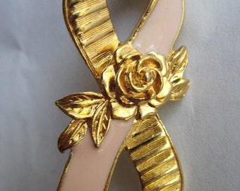 Avon Gold and Pink Enamel Breast Cancer Ribbon Flower Pin