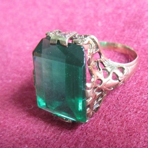 Antique Gold Filigree Ring Original Green Faux Emerald cut Emerald image 1