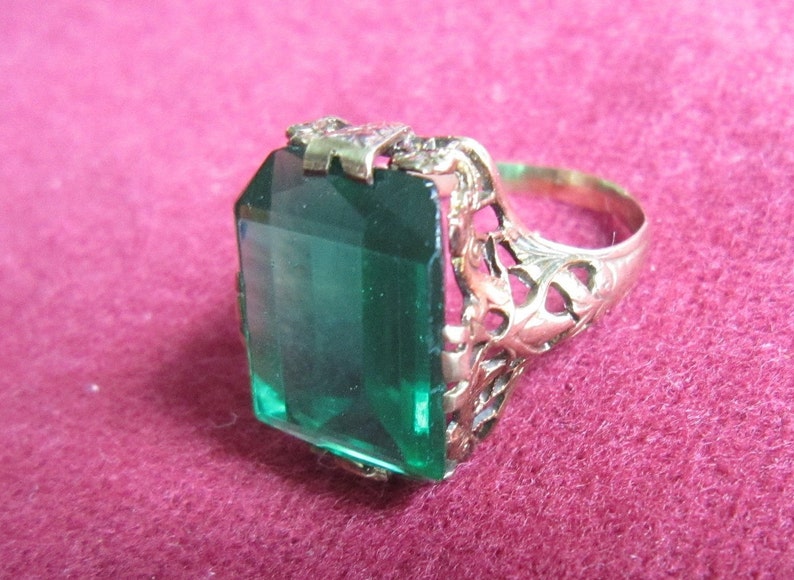 Antique Gold Filigree Ring Original Green Faux Emerald cut Emerald image 1