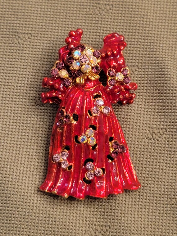 SALE Enameled & Bling Red Dress Brooch Pin - image 5