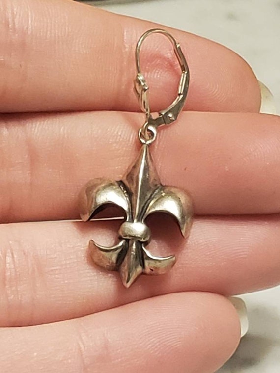 Vintage Solid Sterling Silver drop Fleur de Lis E… - image 2