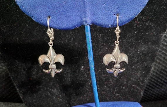 Vintage Solid Sterling Silver drop Fleur de Lis E… - image 4