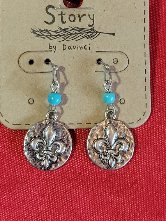 Silver Turquoise Fleur-de-lis Dangle Earrings