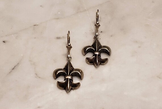 Vintage Solid Sterling Silver drop Fleur de Lis E… - image 5