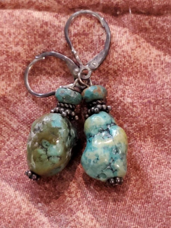 Vintage Natural Turquoise silver dangle earrings - image 3