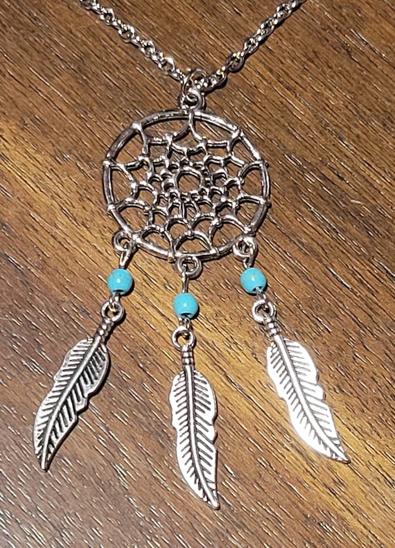 Silver tone Dream catcher turquoise agate feather 