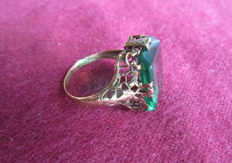 Antique Gold Filigree Ring Original Green Faux Emerald cut Emerald image 3