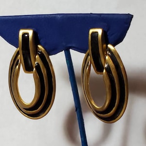 Gold Tone Black Enamel Dangle door knocker style earrings Clip On