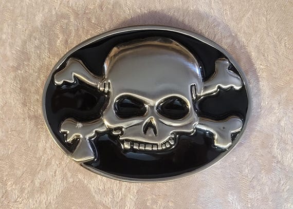 Black Enamel Skull & Bones Belt Buckle