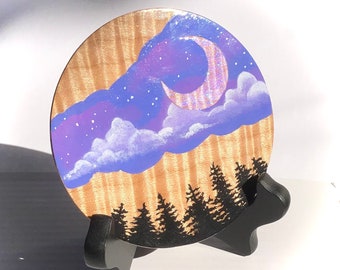Flamed Maple Wood Art, Purple Sky Crescent Moon Scene, Exotic Wood Painting