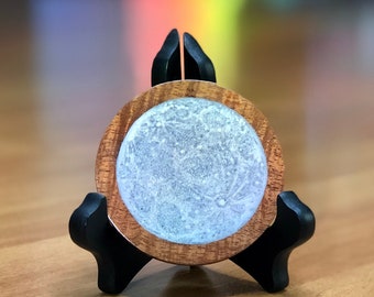 Full Moon painting on Koa Exotic Wood, 3" round art piece, Stand included