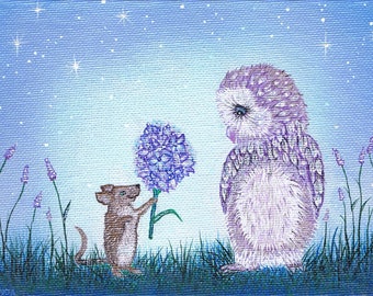 Owl and Mouse Acrylic Painting, Original Artwork, 5x7