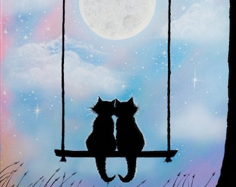 Love Cats Art Print 8x10, Silhouette of two cats sitting on tree swing,  Full moon, Baby Blue sky, Original Artwork