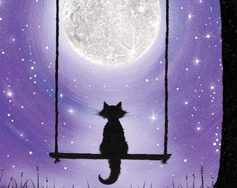 Stargazing Cat Art Print, Purple night sky, full moon and stars, Original Artwork, 8x10