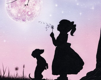 Girl and Dachshund Art Print, Pink Sky, Full Moon, Dandelion Wish, 8x10