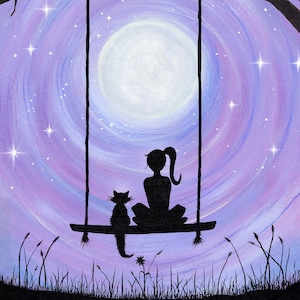 A Girl and Her Cat Art Print 8x10, whimsical lavender swirly sky with full moon and stars, Original Artwork
