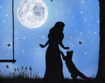 Girl and Cat Art Print, Moonlit Night, Whimsical Full Moon and Stars, Original Artwork, 12x12
