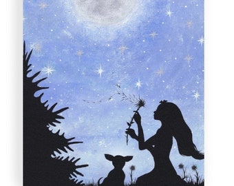 Girl and Chihuahua Art Print, Dandelion Wish, Full Moon, Original Artwork, 8.5 x 11
