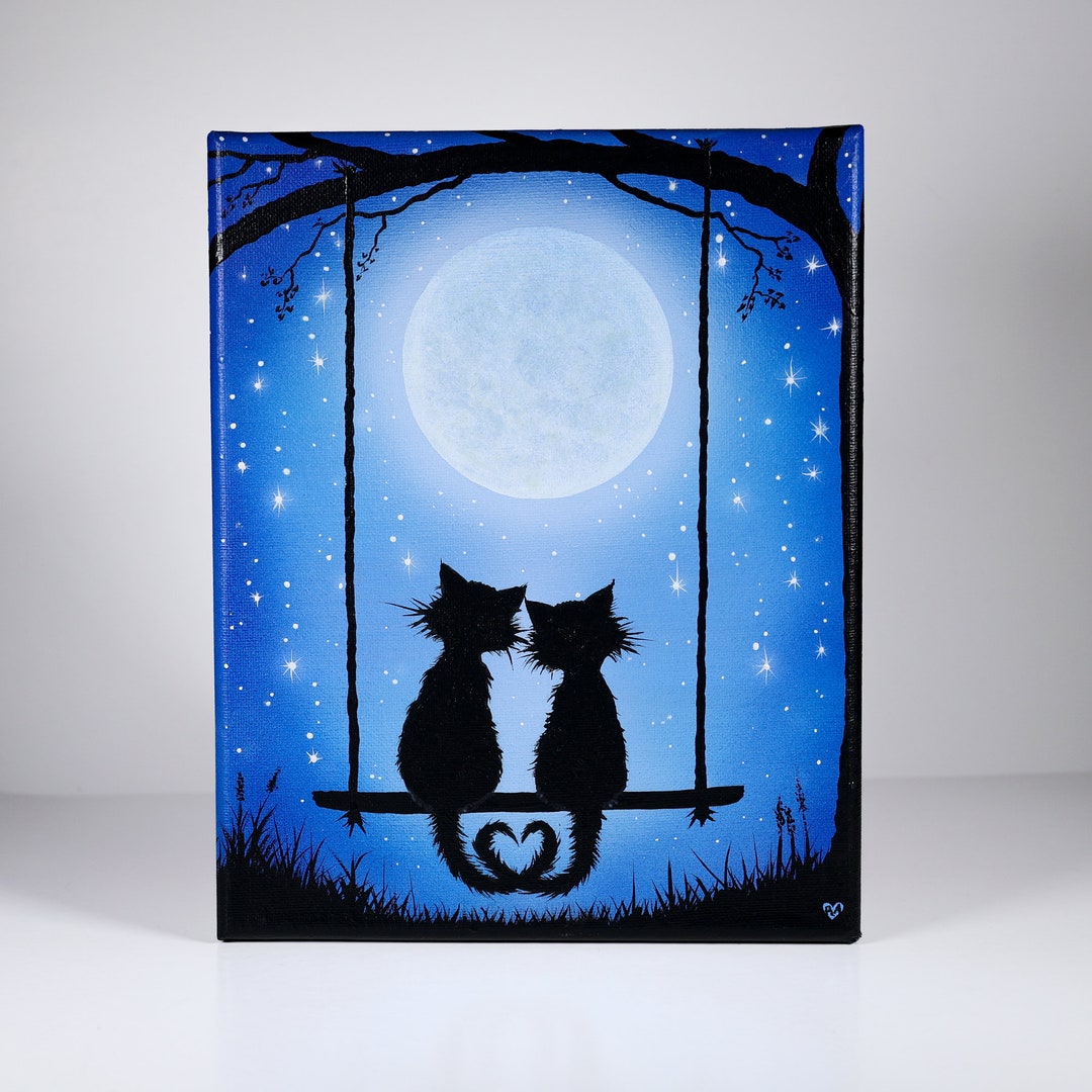 Couple de chats au clair de lune. Gravure sur verre.