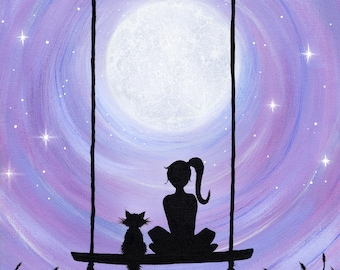 A Girl and Her Cat Art Print, 11x14, Silhouette of Girl with Cat on Tree Swing, Whimsical Purple Sky, Full Moon and Stars Wall Art