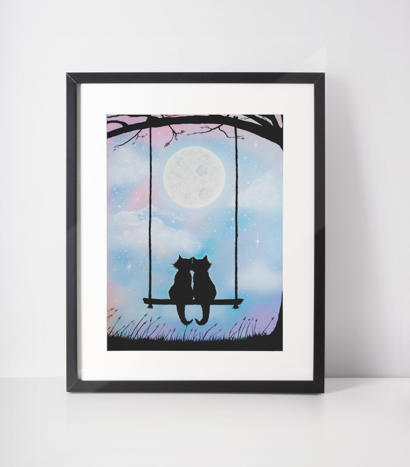 ラブキャッツアートプリント、木のブランコに乗った2匹の猫の