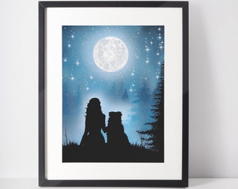 A Girl and Her Dog Art Print, 8x10, Woman with Dog in Forest silhouette, Blue Starry Night Sky, Dreamy Full Moon Wall Art