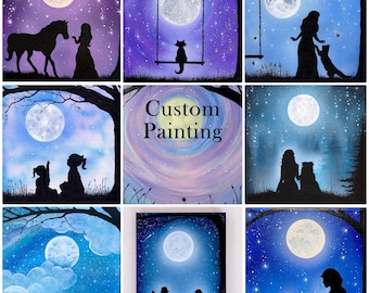 Individuelles Gemälde mit personalisiertem Silhouette-Porträt, Mond, Sternen und Himmel, Originalkunstwerk von Ronda Alflen, auf Bestellung gefertigt