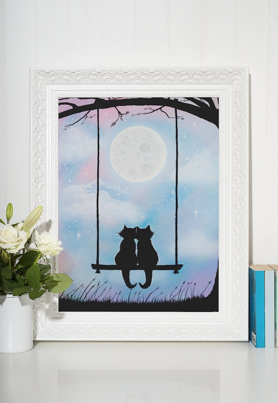 ラブキャッツ 8x10 アートプリント、木のブランコに乗った2匹の猫の