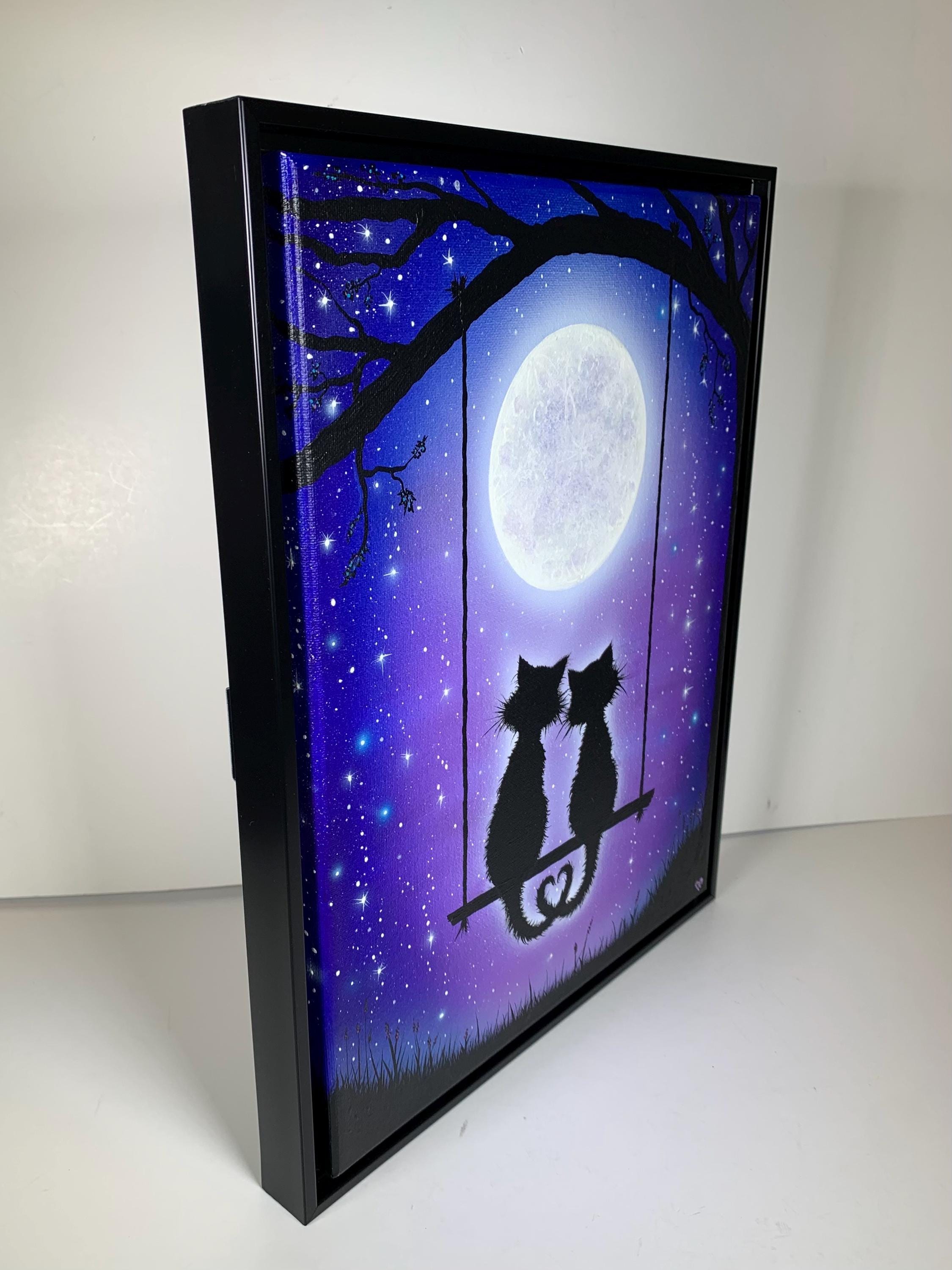 Decorazione a forma di gatto nero su luna, stella, in vetro colorato