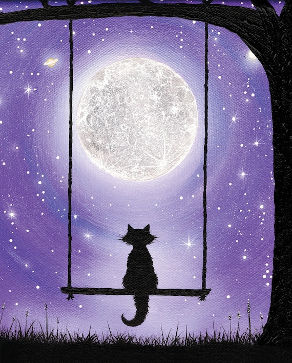 星空を眺める猫のアートプリント、紫色の夜空、満月と星、オリジナル