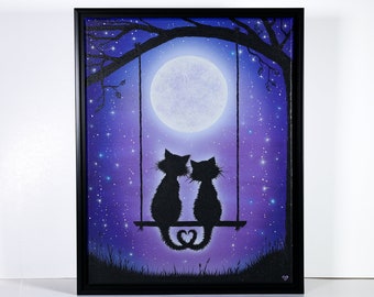 Stargazing Cats Acrylic Painting, Violet Purple Sky, Full Moon and Stars, Two cats on tree swing, 11x14 Framed Original Artwork
