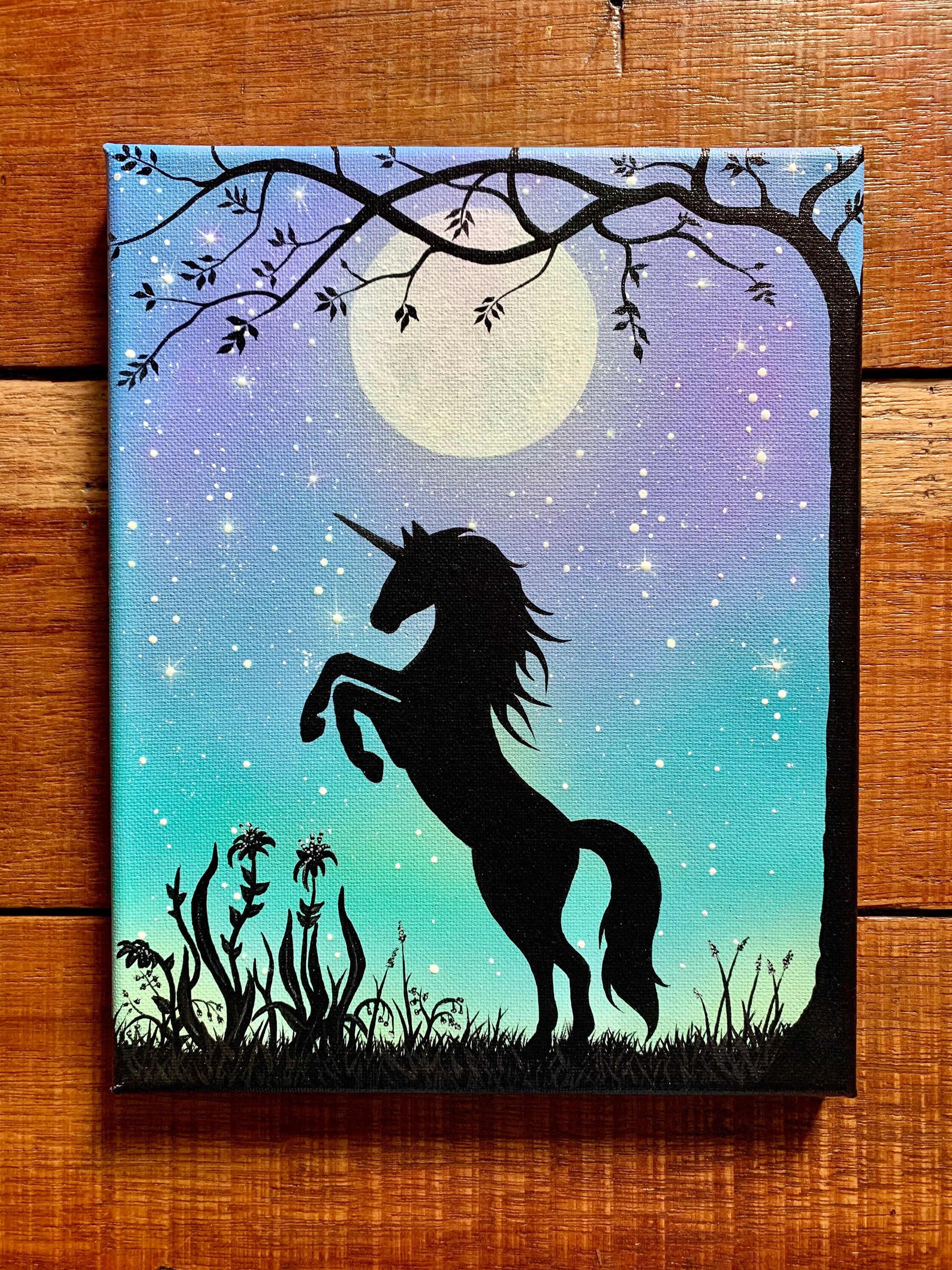 pix Canvas Easy Unicorn Painting unicorn silhouette canvas painting 8 x 10 lavender sea green sky full moon and stars glow in the dark