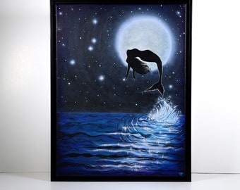 月と魚　アクリル絵画　一点もの 暗闇で光るマーメイドアクリル画、満月と星、12x16インチの額入り