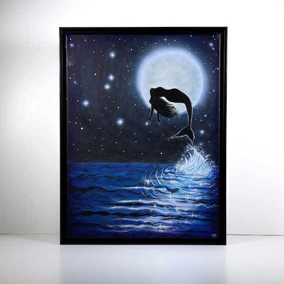 暗闇で光るマーメイドアクリル画、満月と星、12x16インチの額入り