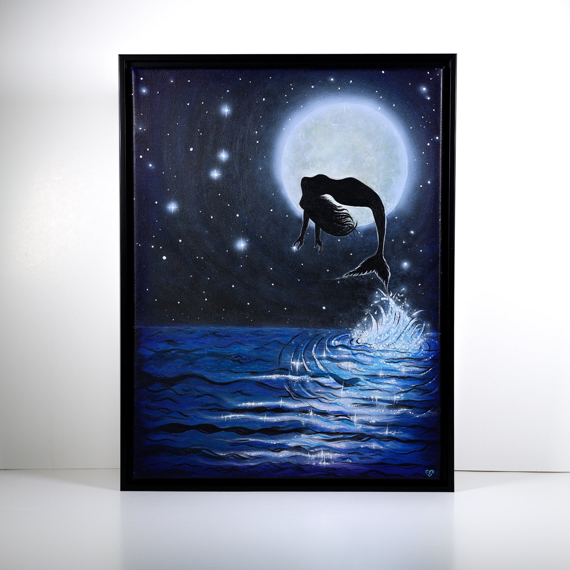 暗闇で光るマーメイドアクリル画、満月と星、12x16インチの額入り