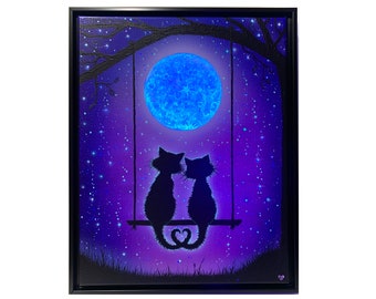 木ブランコで星空を眺める猫の絵画、紫色の夜空、満月と星が輝く
