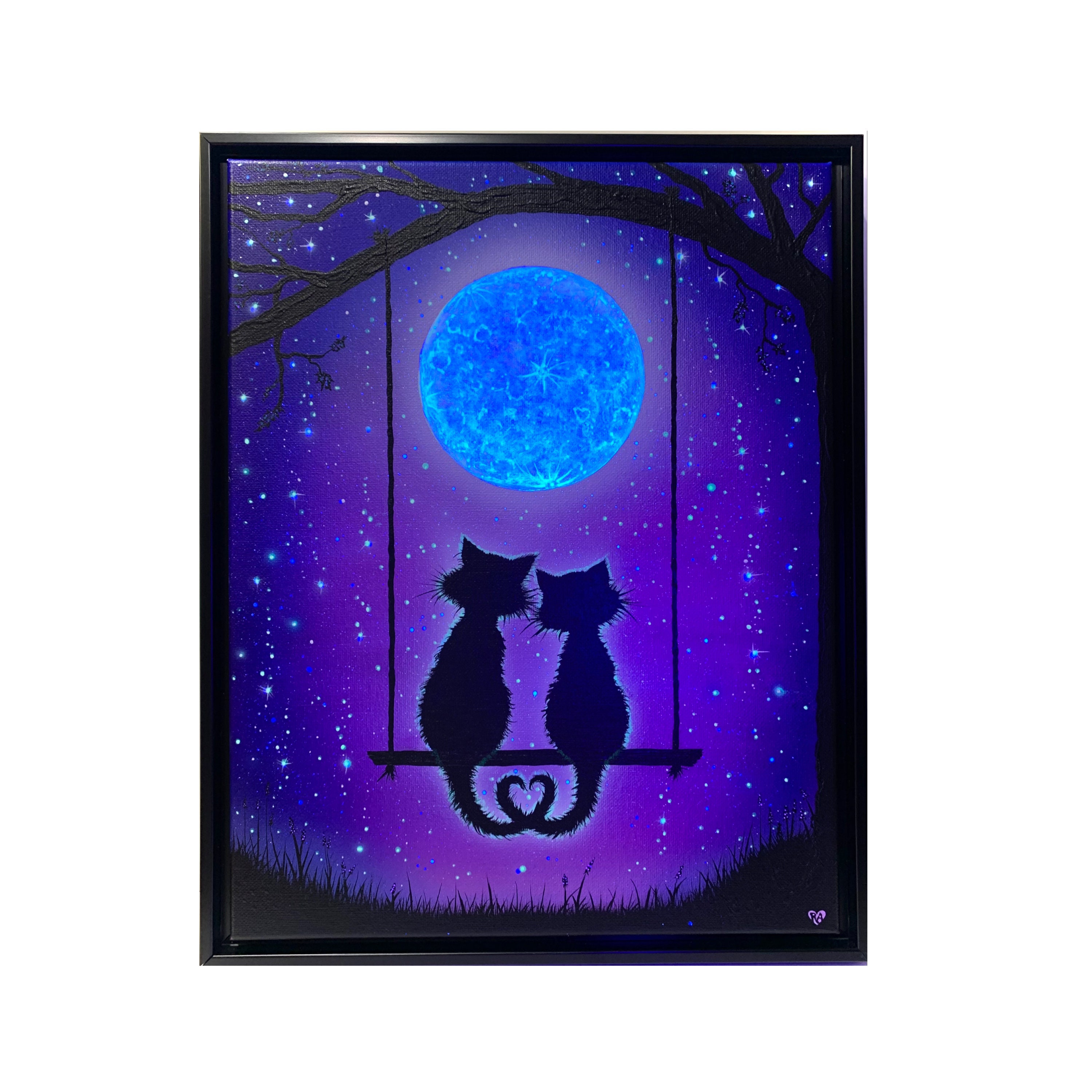 Stargazing Cats on Tree Swing Painting, Violet Purple Night Sky