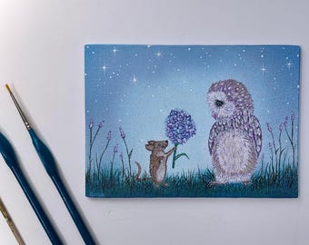 Gemälde „Eule und Maus – Freunde“, Originalkunstwerk, 5x7 Zoll, inklusive Ständer