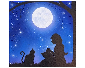 Mädchen liest Katze vor – Druckbare Illustration, Vollmond, Sterne, nachtblauer Himmel, Digitaler Download, kein physisches Produkt