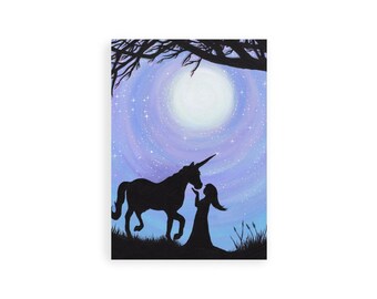 Mädchen und Einhorn – Druckbare Grafik, Vollmond, Sterne, Digitaler Download, kein physisches Produkt