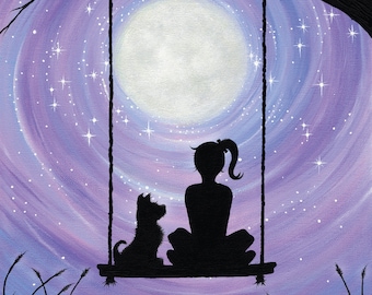 Girl and Dog Art Print, Lavender Sky, Full Moon, Original Artwork, 8x10