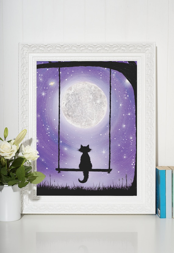 星空を眺める猫 8x10 アートプリント、紫の夜空、満月と星、オリジナル